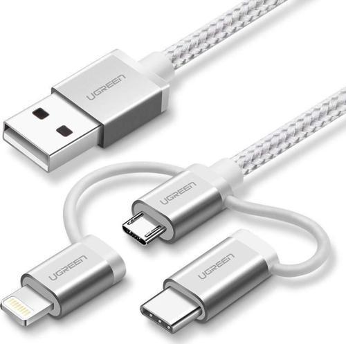 3ü 1 Arada Örgülü iPhone Type-C Micro USB Şarj Kablosu Silver 1.5 Metre