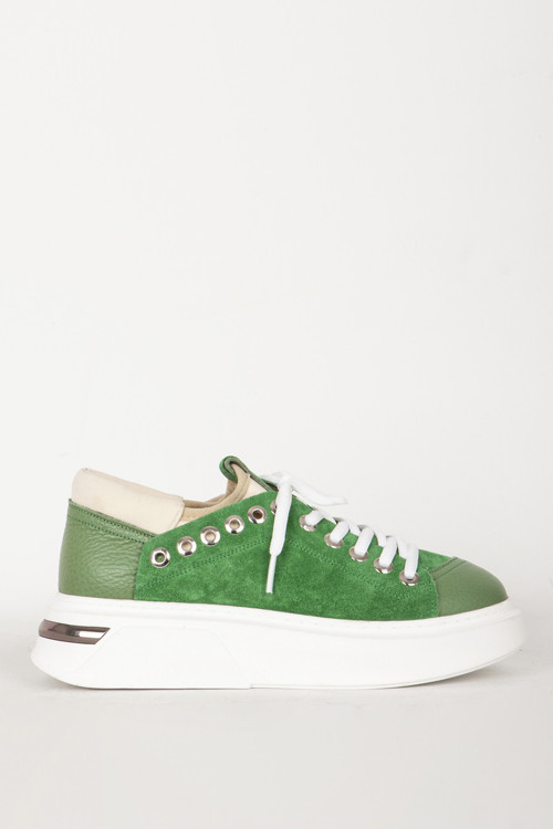 Kadın Bağcıklı Sneaker Kalın Taban Günlük Ayakkabı Gerçek Deri RC 17908 YEŞİL