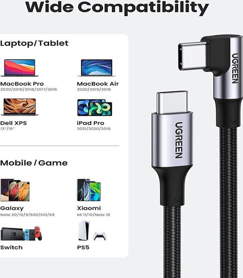 Ugreen Type-C to Type-C 100W 5A Örgülü 90 Derece Şarj Kablosu 1 Metre 4