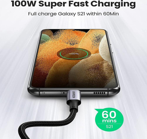 Ugreen Type-C to Type-C 100W 5A Örgülü 90 Derece Şarj Kablosu 1 Metre 2