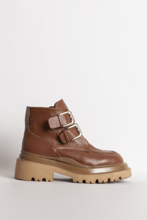 Kadın Kalın Tabanlı Kemer Tokalı Yarım Bilek Bot Gerçek Deri BR 88151 TABA