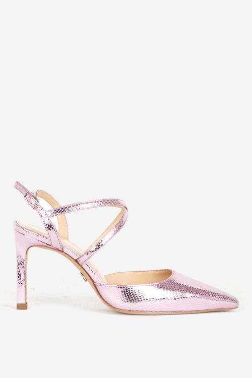 Kadın Stiletto Sivri Burun Arkası Açık Bantlı Topuklu Ayakkabı Gerçek Deri SY 27380 PEMBE
