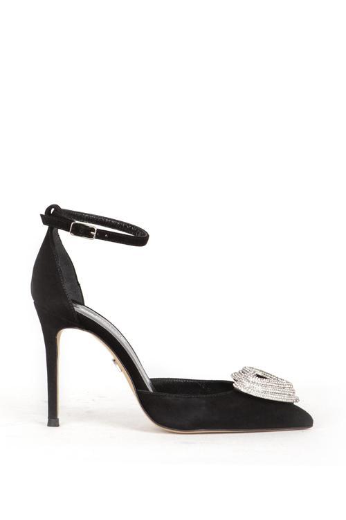 Kadın Taşlı Bilek Bağlama Sivri Burun Stiletto Süet Gerçek Deri SY 27495 SİYAH