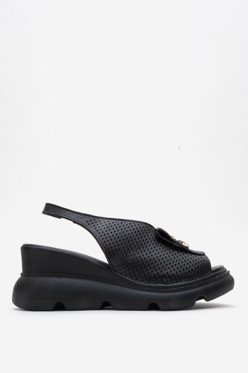 Kadın Dolgu Topuk Tokalı Casual Sandalet Gerçek Deri ZY 8067 SİYAH