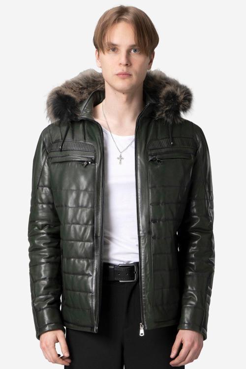 E1039 Kapüşonlu VEJETAL Gerçek Deri Erkek Mont YEŞİL