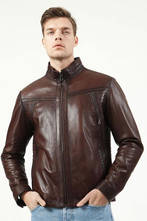 Bremen Erkek Jumbo Hakim Yaka Hakiki Deri Mont KIZIL