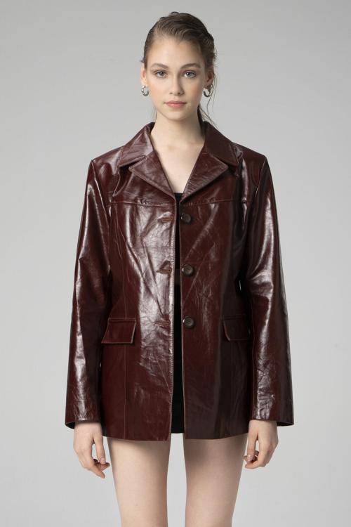 WM035 FLAP Gerçek Deri Kadın Blazer KANYAK