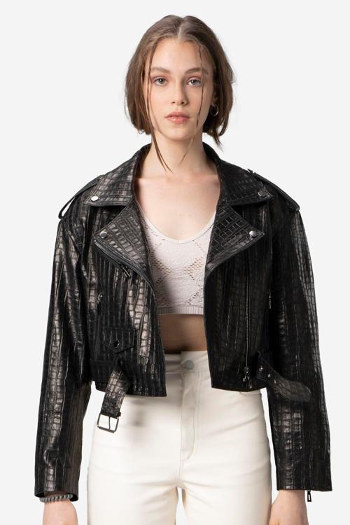 H.Quinn Crop Biker Kadın Deri Mont SİYAH BASKILI