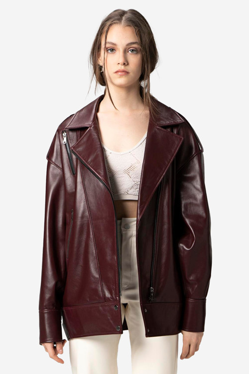 WM019 Oversize Biker Hakiki Deri Kadın Mont BORDO