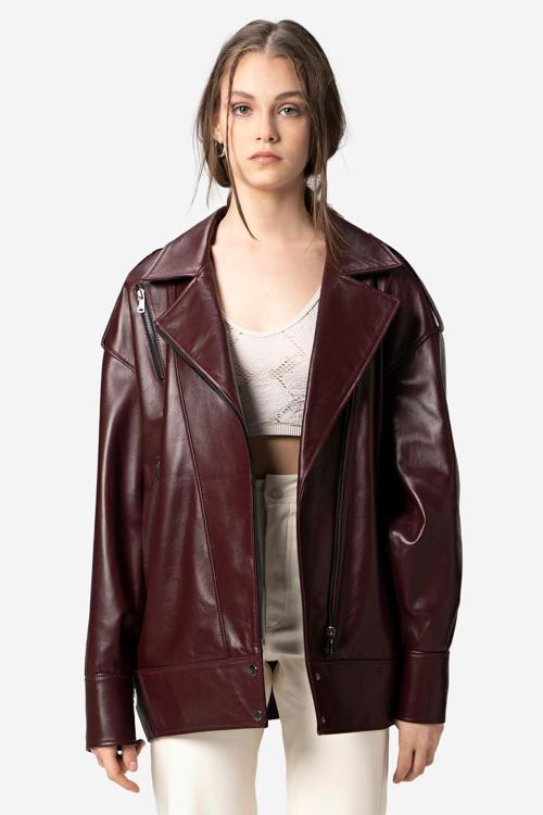 WM019 Oversize Biker Hakiki Deri Kadın Mont BORDO