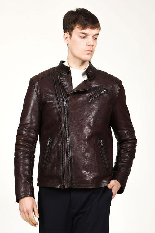 Berlin Erkek Jumbo Çapraz Fermuarlı Hakiki Deri Mont FINDIK