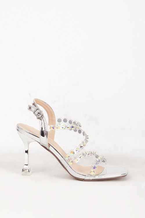 Kadın İnce Yüksek Topuklu Küt Burunlu Taşlı Stiletto GJ 469 GÜMÜŞ