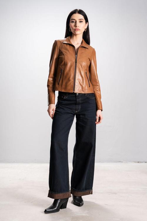 Breeze Kadın Dik Yaka Slim Fit Gerçek Deri Mont TABA