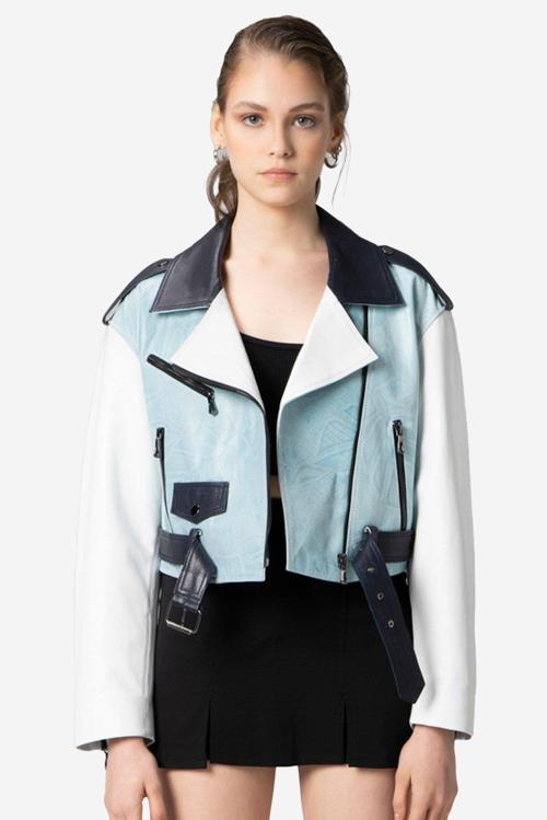 H.Quinn Crop Biker Kadın Deri Mont MAVİ