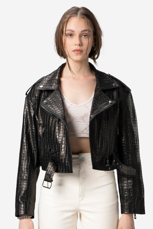 H.Quinn Crop Biker Kadın Deri Mont SİYAH BASKILI