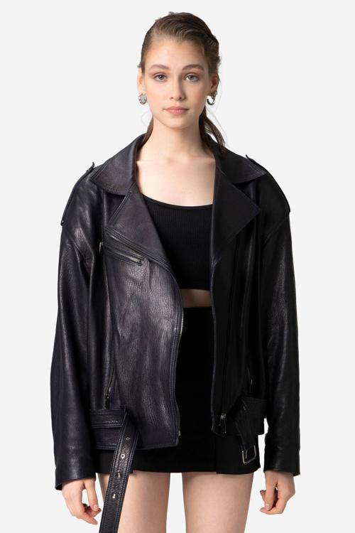 Pamela Unisex Jumbo Oversize Biker Hakiki Deri Mont LACİVERT