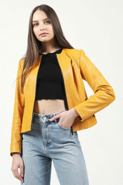 RM384 Baskılı Crop Fit Gerçek Deri Kadın Mont SARI