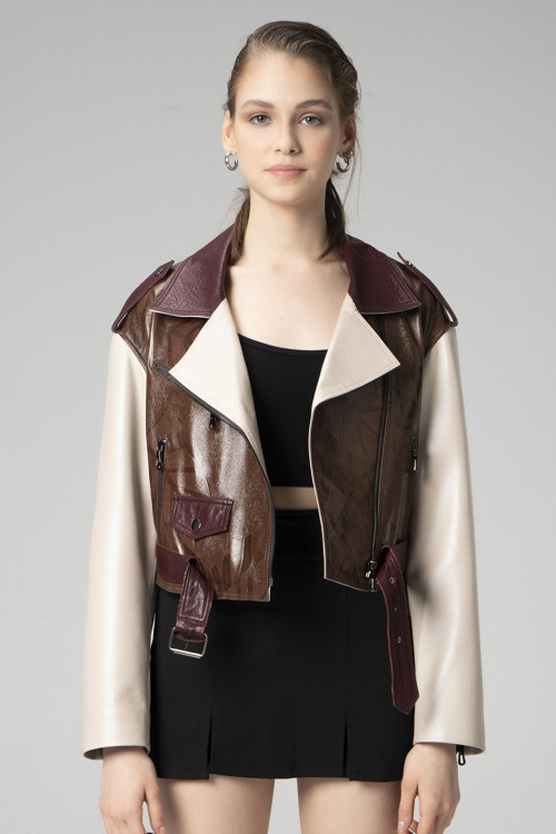H.Quinn Crop Biker Kadın Deri Mont KAHVERENGİ