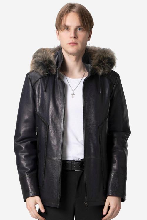 E2218 Kapüşonlu Jumbo Gerçek Deri Erkek Kaban LACİVERT