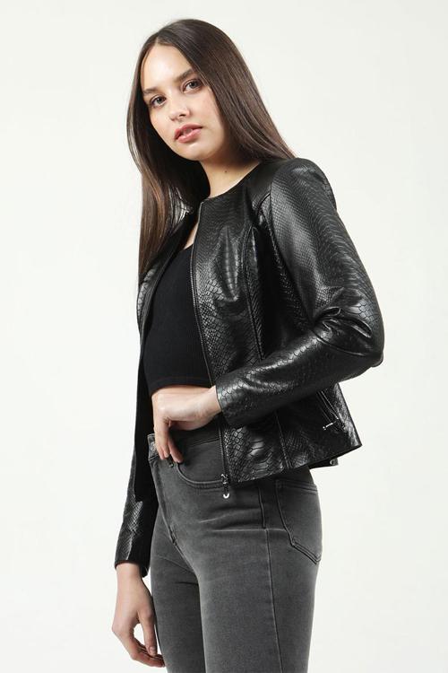 RM384 Kroko Baskılı Crop Fit Gerçek Deri Kadın Mont SİYAH