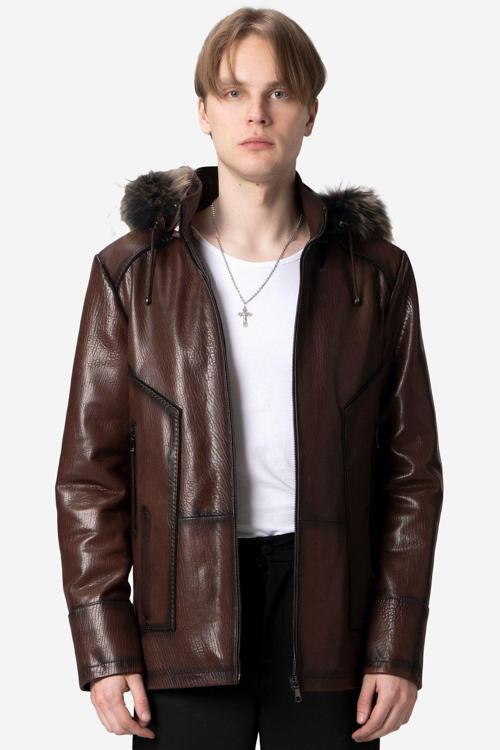 E2218 Kapüşonlu Jumbo Gerçek Deri Erkek Kaban FINDIK