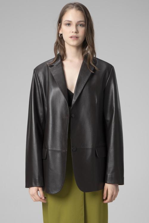 Bloom Kadın Oversize Düğmeli Hakiki Deri Blazer Ceket KAHVERENGİ