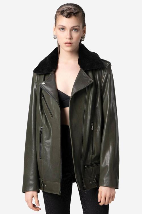 WM020 SAVAKİ Gerçek Deri Yaka Kürklü Kadın Mont YEŞİL