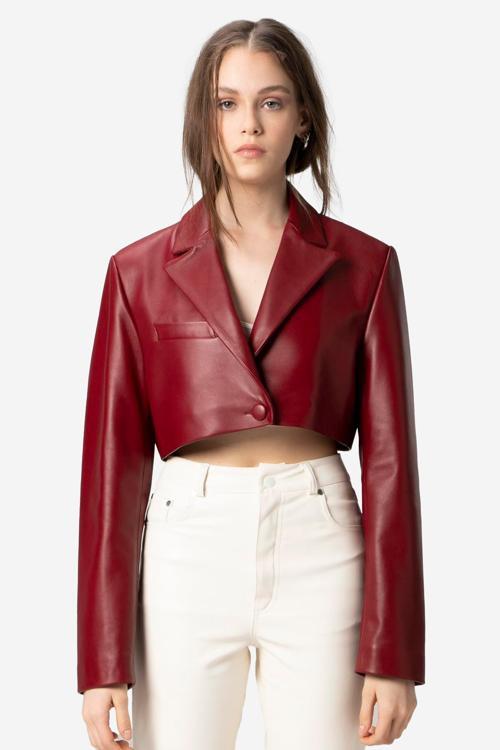 Jasmine Kadın Crop Blazer Hakiki Deri Ceket A.BORDO