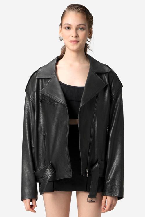 Pamela Unisex Jumbo Oversize Biker Hakiki Deri Mont SİYAH