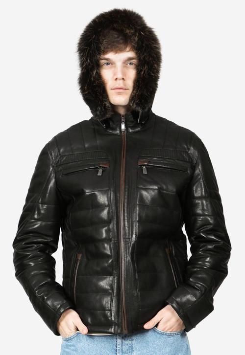 E1039 Kapüşonlu VEJETAL Gerçek Deri Erkek Mont SİYAH