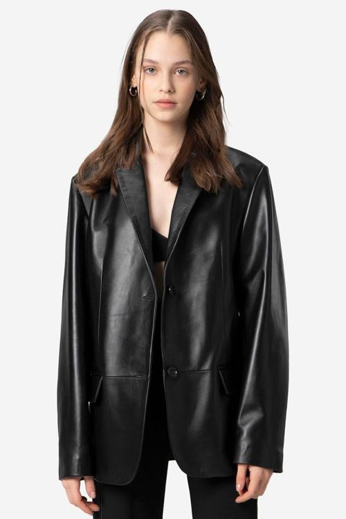Bloom Kadın Oversize Düğmeli Hakiki Deri Blazer Ceket SİYAH