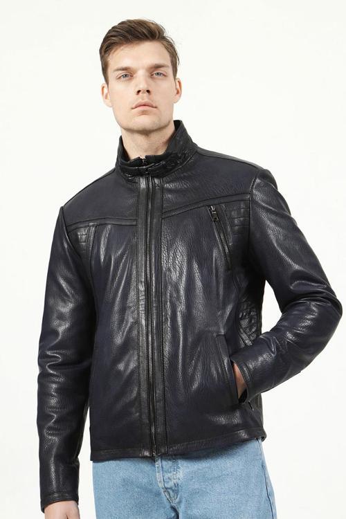 Bremen Erkek Jumbo Hakim Yaka Hakiki Deri Mont LACİVERT