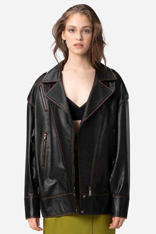 WM019 Oversize Biker Hakiki Deri Kadın Mont SİYAH/TABA