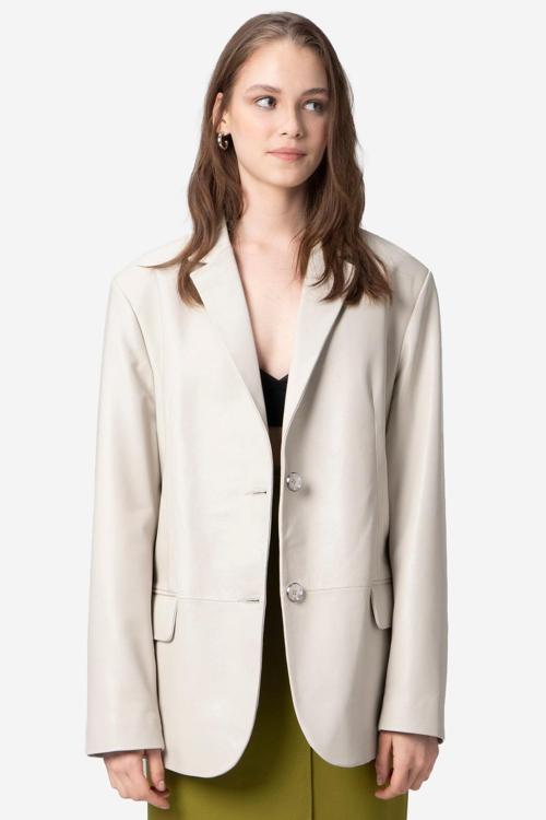 Bloom Kadın Oversize Düğmeli Hakiki Deri Blazer Ceket BEJ