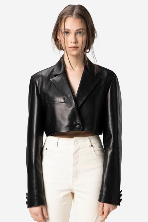 Jasmine Kadın Crop Blazer Hakiki Deri Ceket SİYAH
