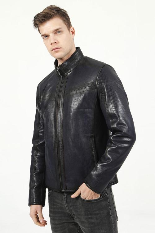 E1097 Jumbo Gerçek Deri Erkek Mont LACİVERT