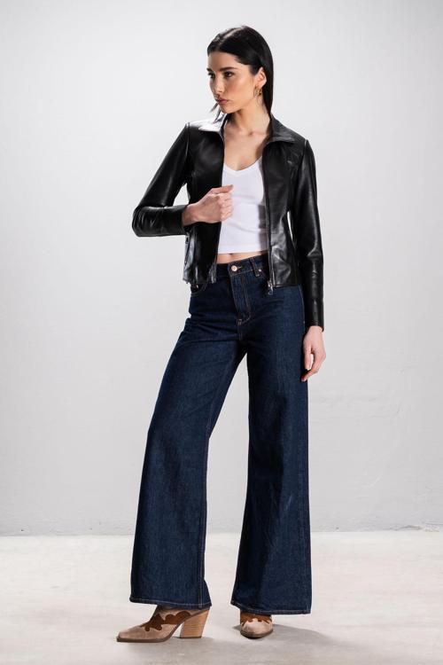 Breeze Kadın Dik Yaka Slim Fit Gerçek Deri Mont SİYAH