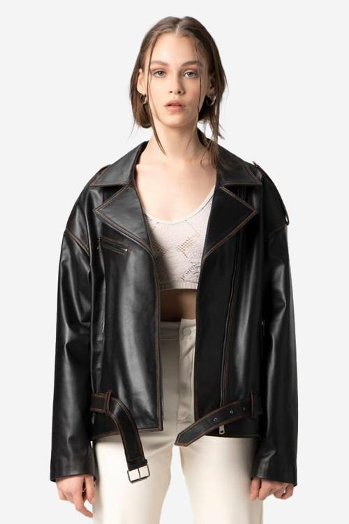 Pamela Unisex Silme Oversize Biker Hakiki Deri Mont SİYAH/TABA