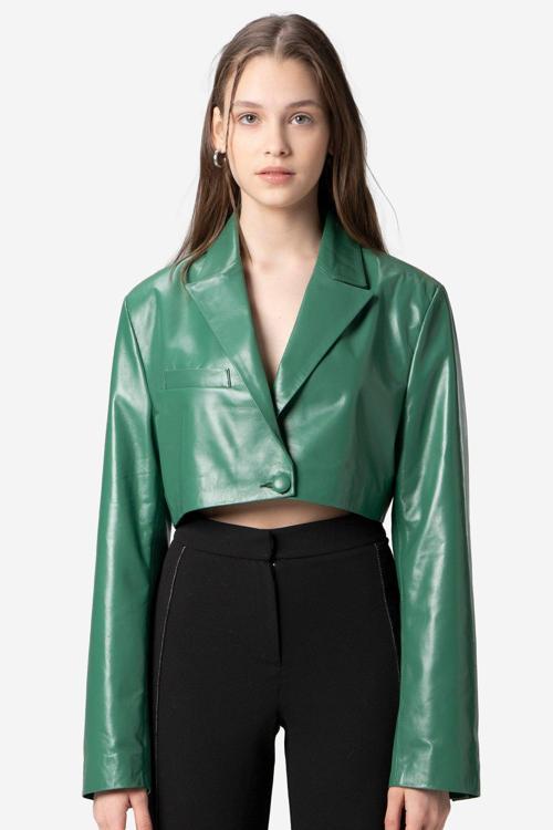 Jasmine Kadın Crop Blazer Hakiki Deri Ceket YEŞİL OVERLAY