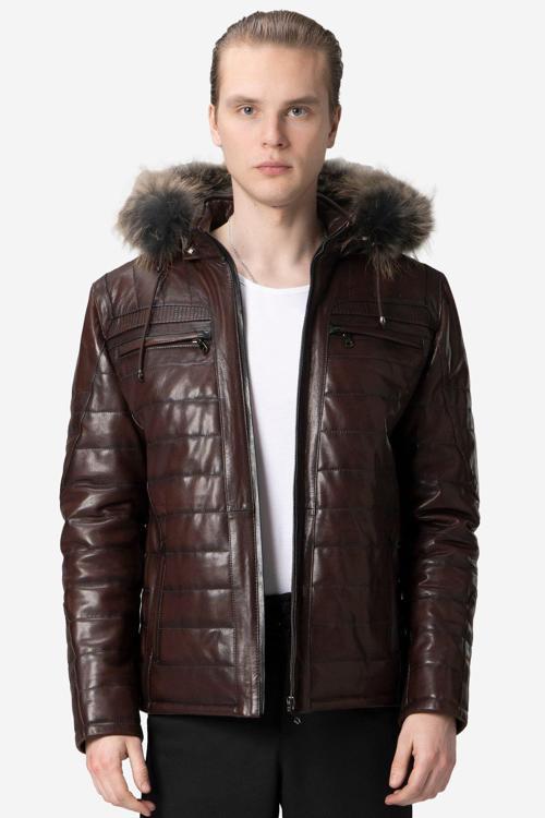 E1039 Kapüşonlu VEJETAL Gerçek Deri Erkek Mont KIZIL