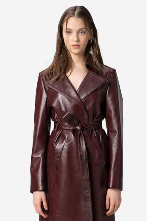 WM030 Hakiki Deri Kadın Uzun Trençkot BORDO