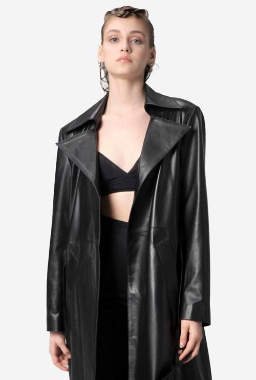 WM030 Hakiki Deri Kadın Uzun Trençkot SİYAH