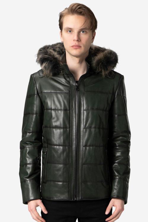 E2208 VEJETAL Kapüşonlu Şişme Gerçek Deri Erkek Kaban YEŞİL