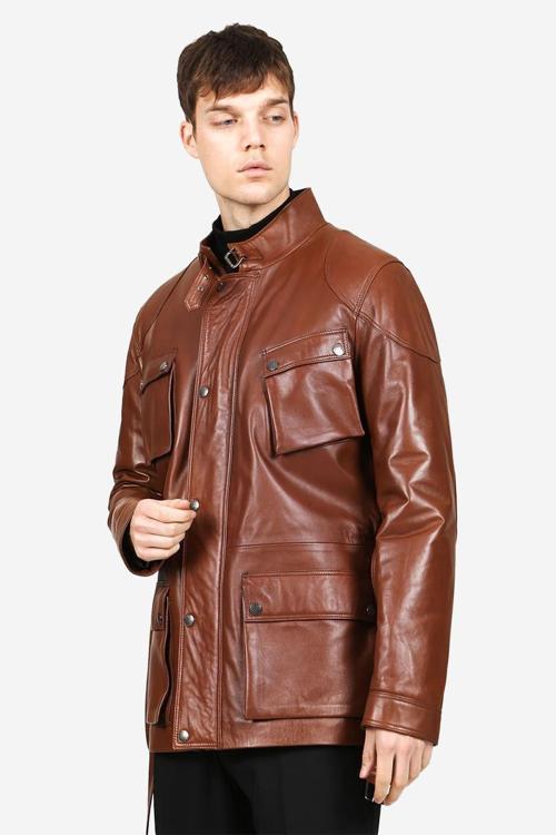 Lincoln Erkek Dik Yaka Kemerli Hakiki Deri Trençkot VİSKİ