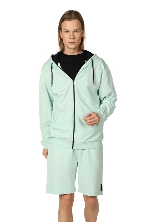 Erkek Kapüşonlu Fermuarlı Sweatshırt Su Yeşili