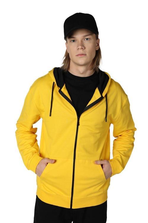 Erkek Kapüşonlu Fermuarlı Sweatshırt Sarı