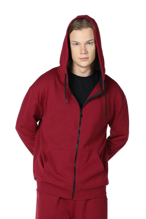 Erkek Kapüşonlu Fermuarlı Sweatshırt Bordo