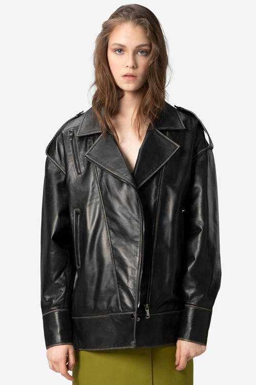WM019 Oversize Biker Hakiki Deri Kadın Mont SİYAH/BEJ