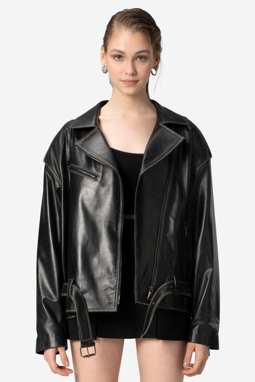 Pamela Unisex Silme Oversize Biker Hakiki Deri Mont SİYAH/BEJ