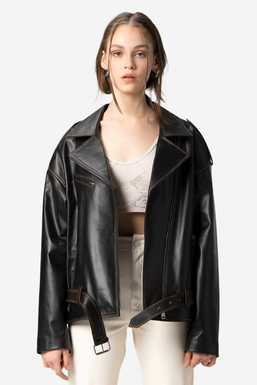 Pamela Unisex Silme Oversize Biker Hakiki Deri Mont SİYAH/TABA